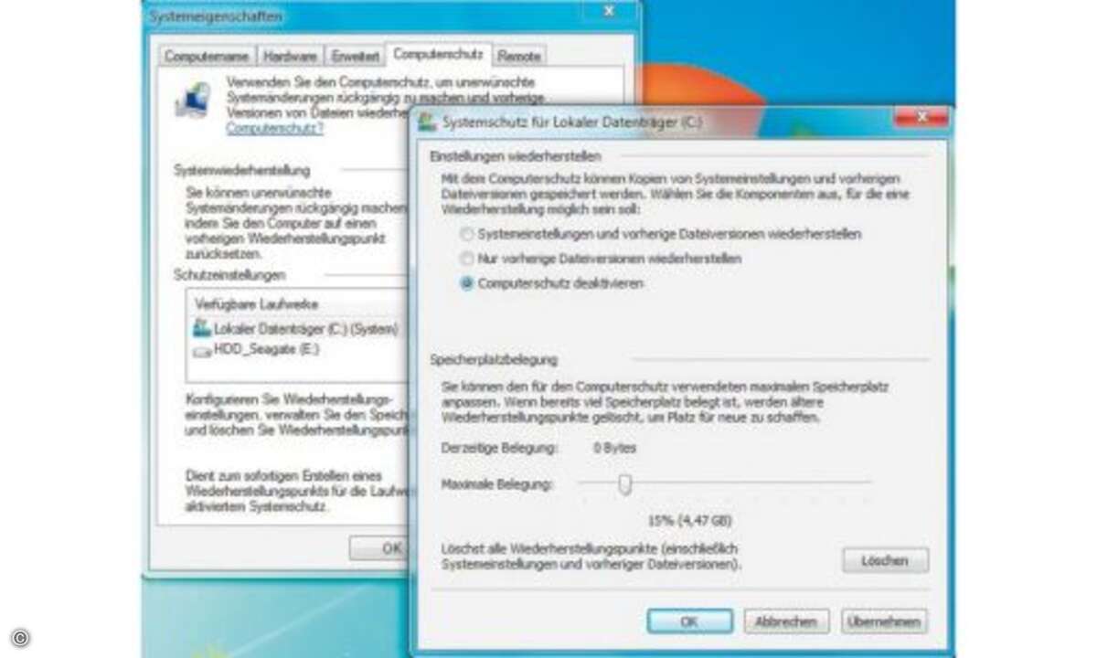 1 Tipp: Die ständige Systemüberwachung verursacht sehr viele Schreibvorgänge auf einer Festplatte. Für SSDs ist es gesünder, wenn der Dienst abgestellt wird.
Wiederherstellung deaktivieren
Seit Windows Vista ist die Wiederherstellungsfunktion m