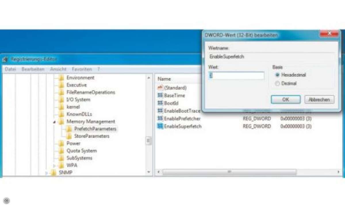 Tipp 3: Im Registry Editor setzt man Prefetch und Superfetch außer Gefecht, indem man den DWORD-Wert auf Null setzt.
Prefetch, Superfetch und Ready Boost
Prefetch wurde mit Windows XP eingeführt und besteht aus zwei Funktionen. Der Dienst beoba
