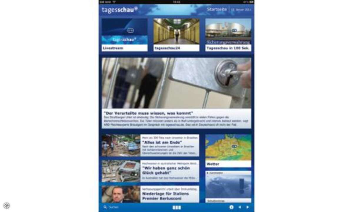 Die kostenlose App Tagesschau ermöglicht den komfortablen Zugriff auf alle Inhalte der Tagesschau-Redaktion, bequem und zeitunabhängig von unterwegs. Besondere Beachtung hat die Videoleiste ganz oben in der Startansicht verdient: Hinter dem Beitrag