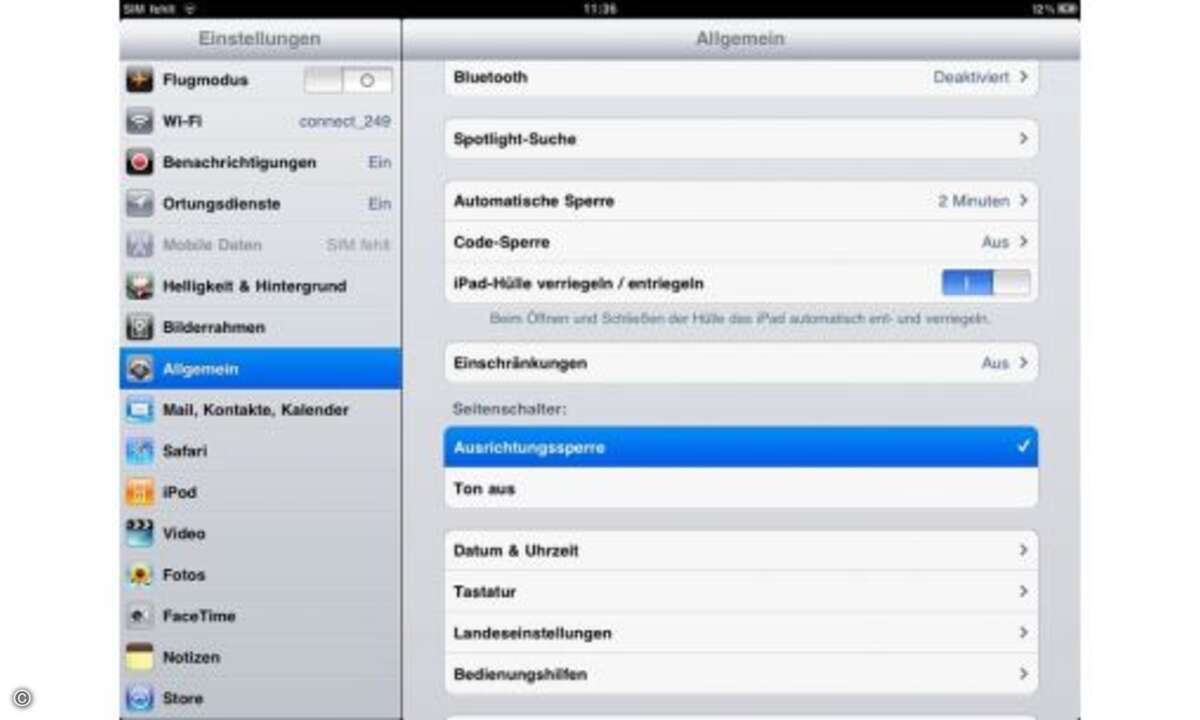 Seit iOS 4.3 lässt sich festlegen, ob der kleine Schiebregler rechts am Gehäuse alle Klingeltöne ein- oder abschaltet oder aber die automatische Ausrichtung der Displaydarstellung deaktiviert.