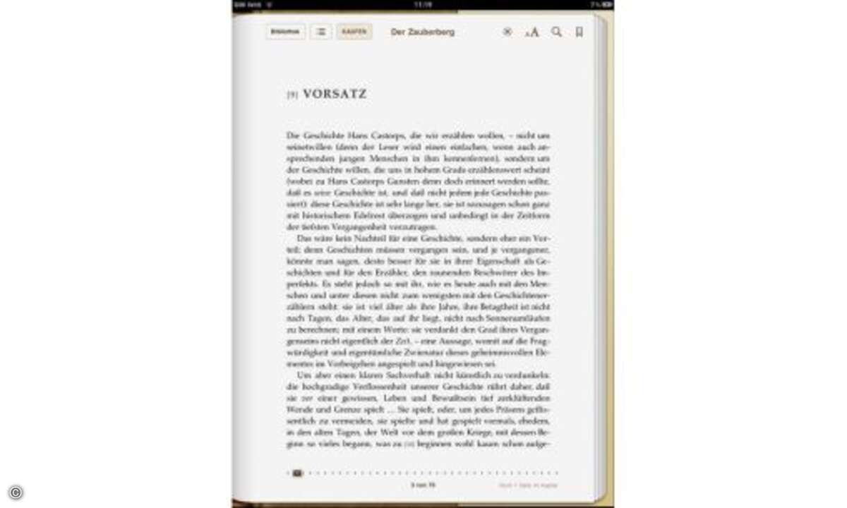 Im Querformat zeigt das iPad zwei Buchseiten, im Hochformat eine Seite. Zum Lesen stehen zwei Schriftgrößen und sechs verschiedene Schriften zur Auswahl. Mit dem Icon ganzr rechts oben können Lesezeichen gesetzt werden.