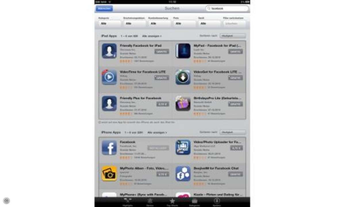Der lässt sich nach Stichworten durchsuchen. Oben werden die fürs iPad optimierten angezeigt, die Auswahl darunter zeigt die fürs iPhone entwickelten Apps. Hier ist die Auswahl deutlich größer.