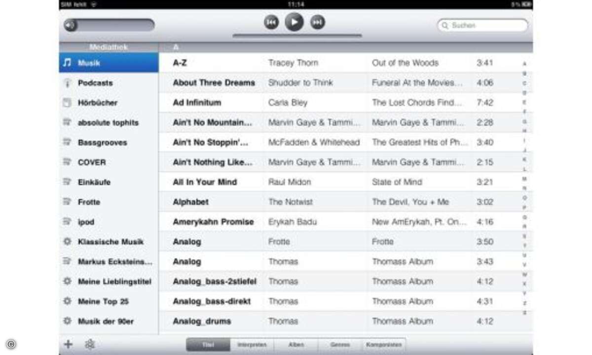 Das iPad bietet natürlich den von iPhone und iPod touch bekannten Musicplayer. Der heißt hier iPod und sortiert die Musik nach verschiedenen Kriterien wie Interpret, Album oder Genre.