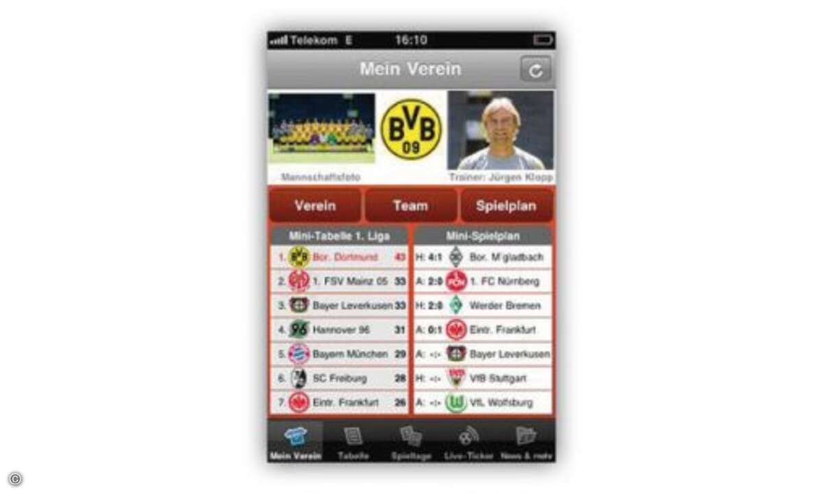 Die iPhone-App liefert Fußball-Neuigkeiten bis zum Abwinken: Der Liveticker informiert über Spielstände, dazu gibt’s Vereinsnews nicht nur zur 1. und 2. Liga, sondern zu allen drei Regional-Ligen. 79 Cent.