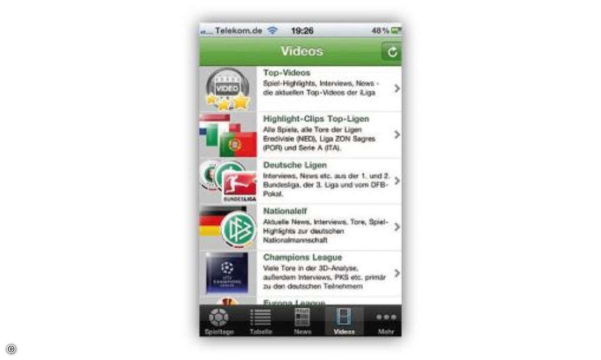 Die iPhone-App liefert alles, was das Kickerherz begehrt: Neben aktuellen Ergebnissen finden sich hier jede Menge Infos, Bilder und  Videos zum deutschen und internationalem Fußball. Ein Radio und Toralarm runden das Gratisangebot ab.