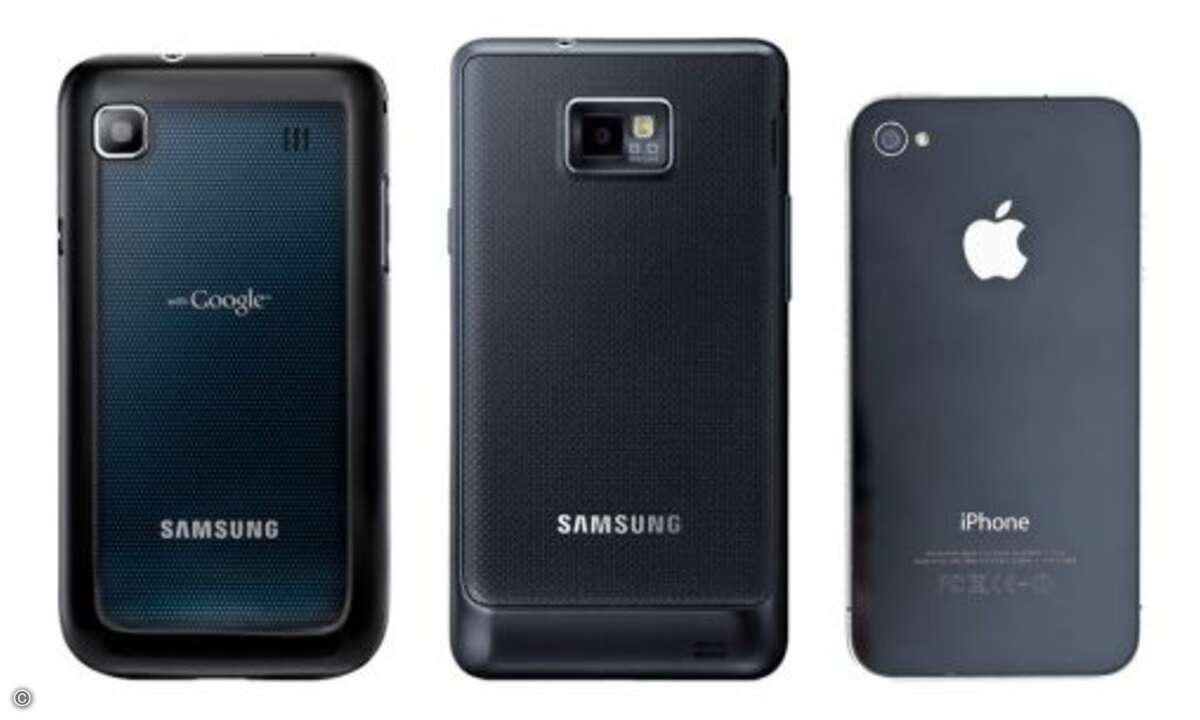 iPhone 4, Galaxy S2, Galaxy S: Das rückseitig verbaute Kamera des iPhone 4 nimmt Bilder und Videos mit 5 Megapixel auf und nutz eine kleine LED für Aufnahmen in ungünstigen Lichtverhältnissen.  Auch das Galaxy S macht Aufnahmen mit 5 Megapixel, hat a