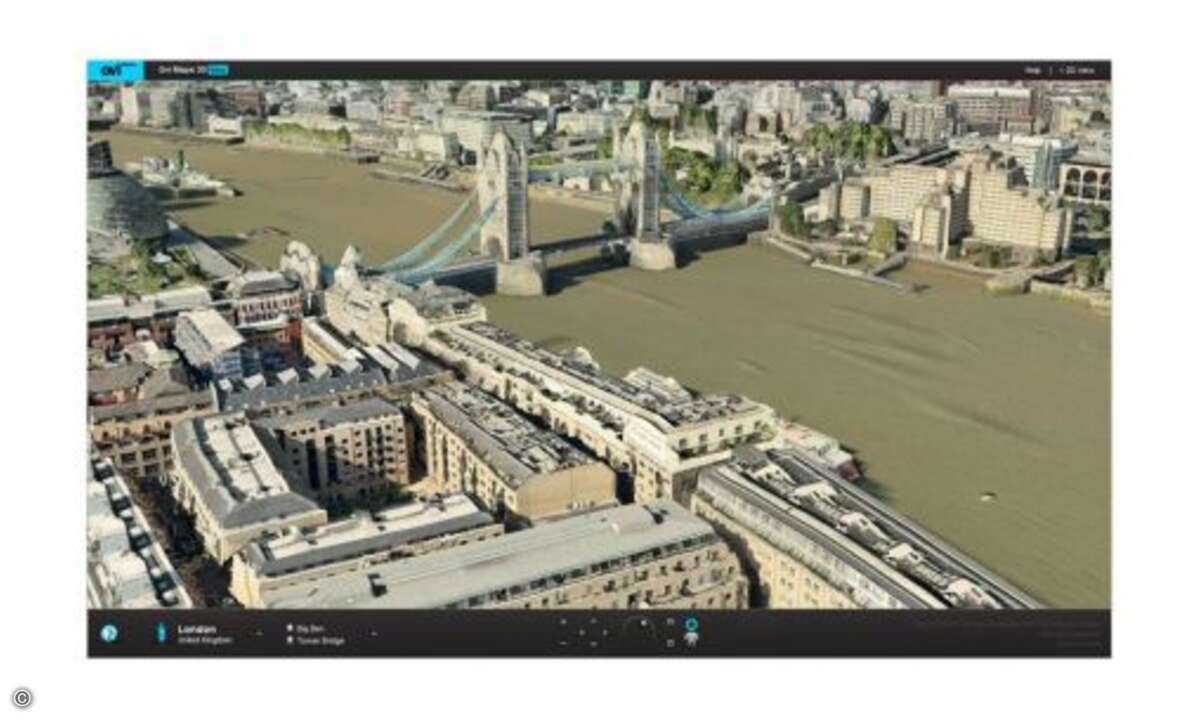 So kann man in 3D auf das Wahrzeichen wie die Tower Bridge zusteuern © Nokia