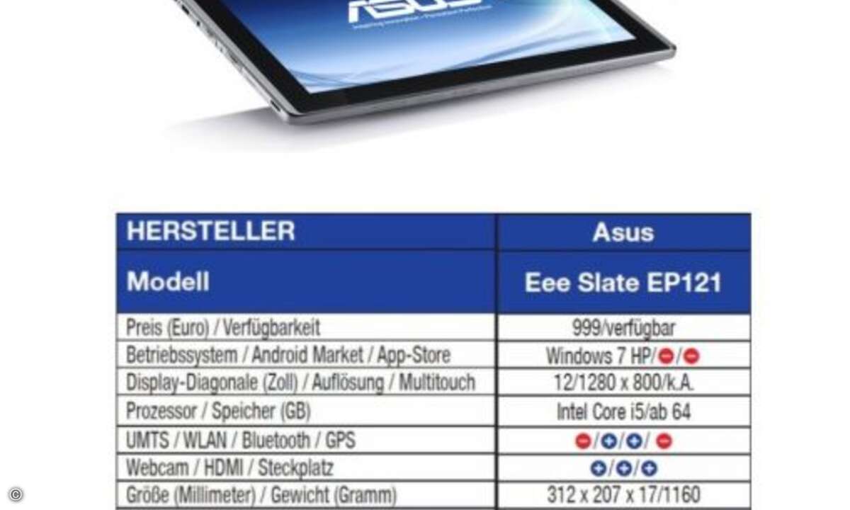 Asus Eee Slate EP121
Der Eee Slate EP121 ist ein weiteres Indiz dafür, dass sich Asus auf alle Varianten von Tablets versteht. Mit Windows 7 steht bei diesem Modell ganz klar die vollständige Kompatibilität zur Windows-Welt im Vordergrund.
Das s