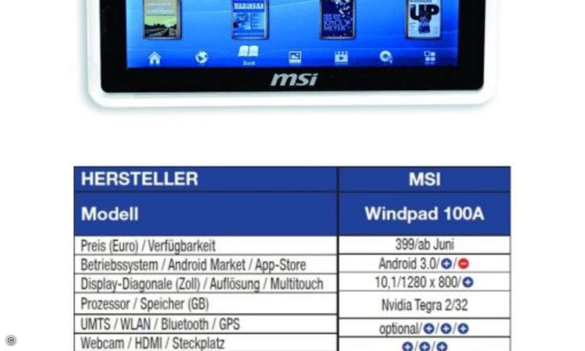 MSI Windpad 100A
Beim noch neuen Trend zum Tablet will MSI gleich zweigleisig mitmischen. Das für 399 Euro ab Juni erwartete Windpad 100A soll dabei den Stand der Android- Technik repräsentieren.
Dazu setzt es auf Version 3.0 des erfolgreichen B