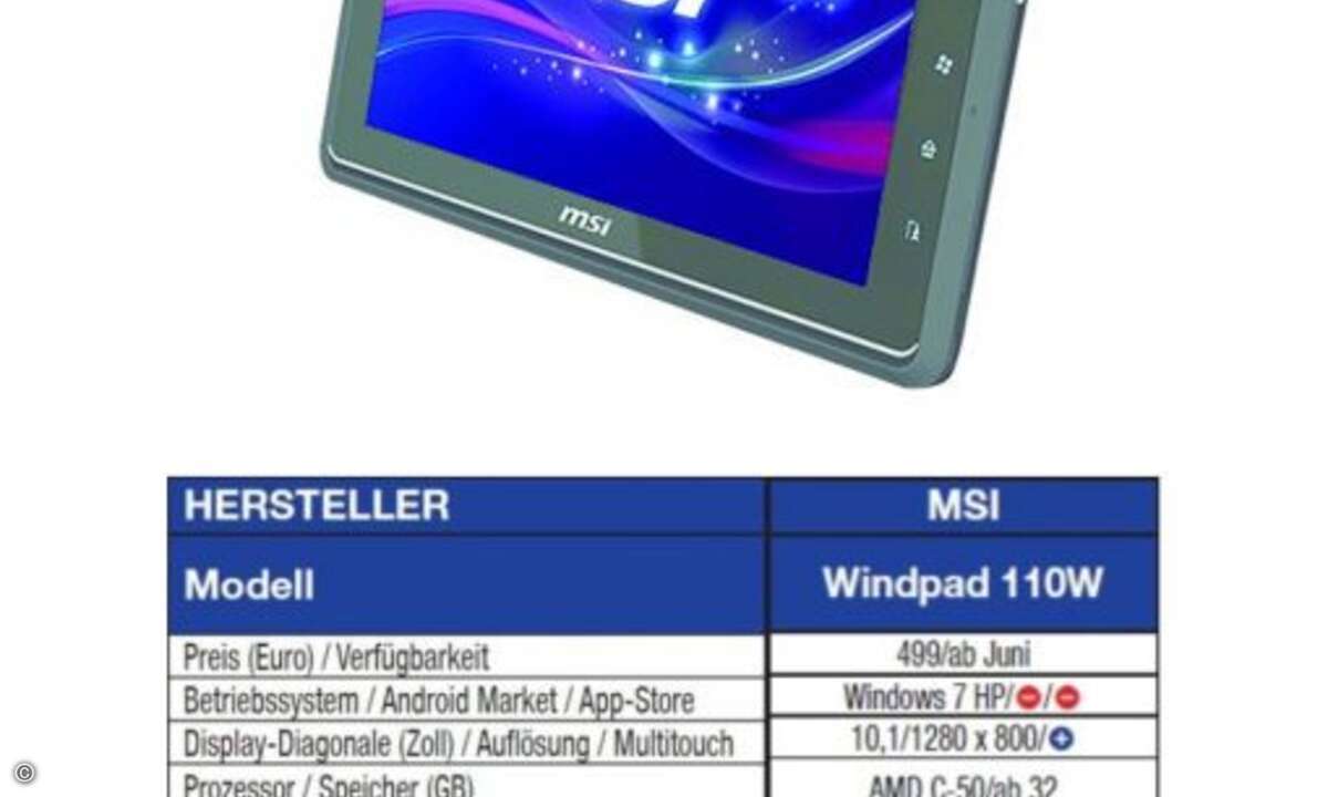 MSI Windpad 110W
Für Anwender, die auch beim Tablet auf unbedingte Windows- Kompatibilität setzen, will MSI ab Juni das Windpad 110W ab 499 Euro anbieten.
Die Ausstattung und auch die Abmessungen folgen weitgehend dem 100A, doch beim Prozessor k