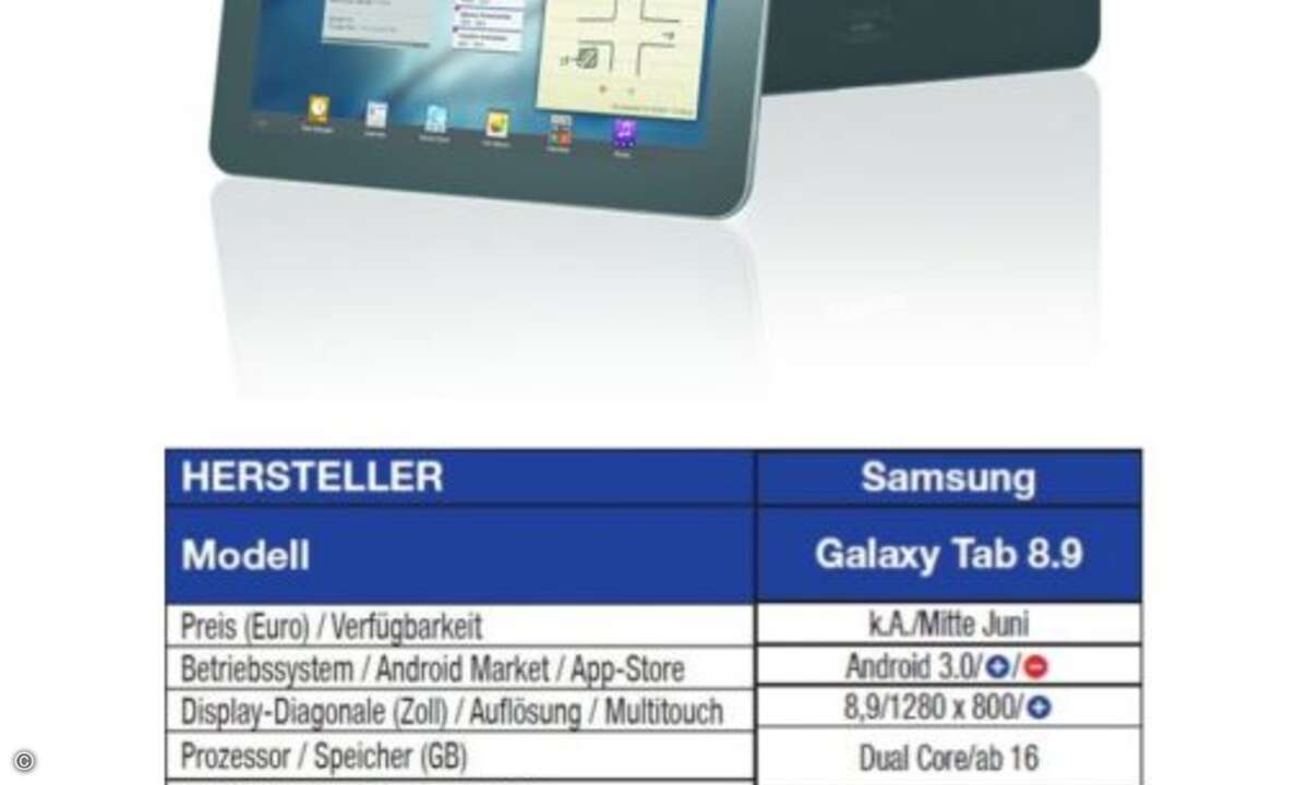 Samsung Galaxy Tab 8.9
Das dünnste Tablet der Welt wird das iPad 2 wohl nur kurze Zeit bleiben, denn für Mitte Juni wird das Samsung Galaxy Tab 8.9 erwartet, dessen Gehäuse noch zwei Zehntel Millimeter schlanker ausfällt.
Von der Display-Diagonal