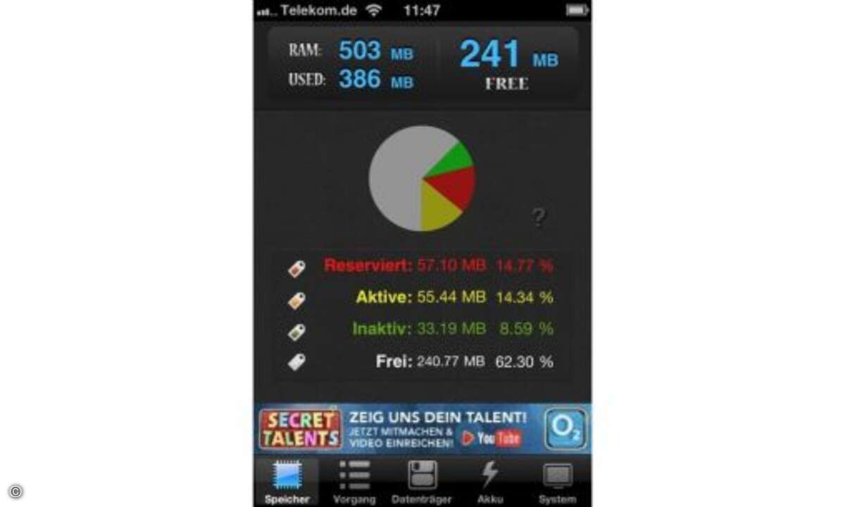 System Lite
Lange Wartezeiten kann es auch auf dem flotten Apple iPhone 4 geben – wer das Smartphone als mobile Spielkonsole nutzt, kennt das Problem nur allzu gut. SystemLite zeigt dem Nutzer, an welcher Stelle das System belastet wird.
Die Ap