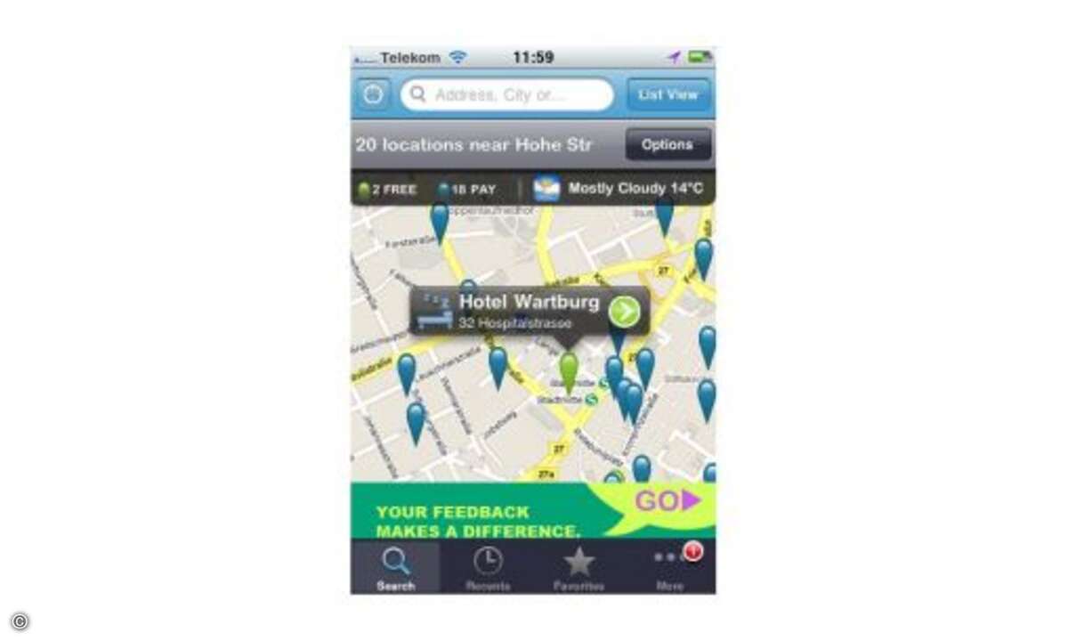 WiFi Finder
Wer das Internet unterwegs mit vernünftiger Geschwindigkeit und stabiler Verbindung nutzen möchte, der sollte Ausschau nach einem WLAN-Hotspot halten. Der Wi-Fi Finder aus dem Apple App Store lokalisiert den aktuellen Standort und scan