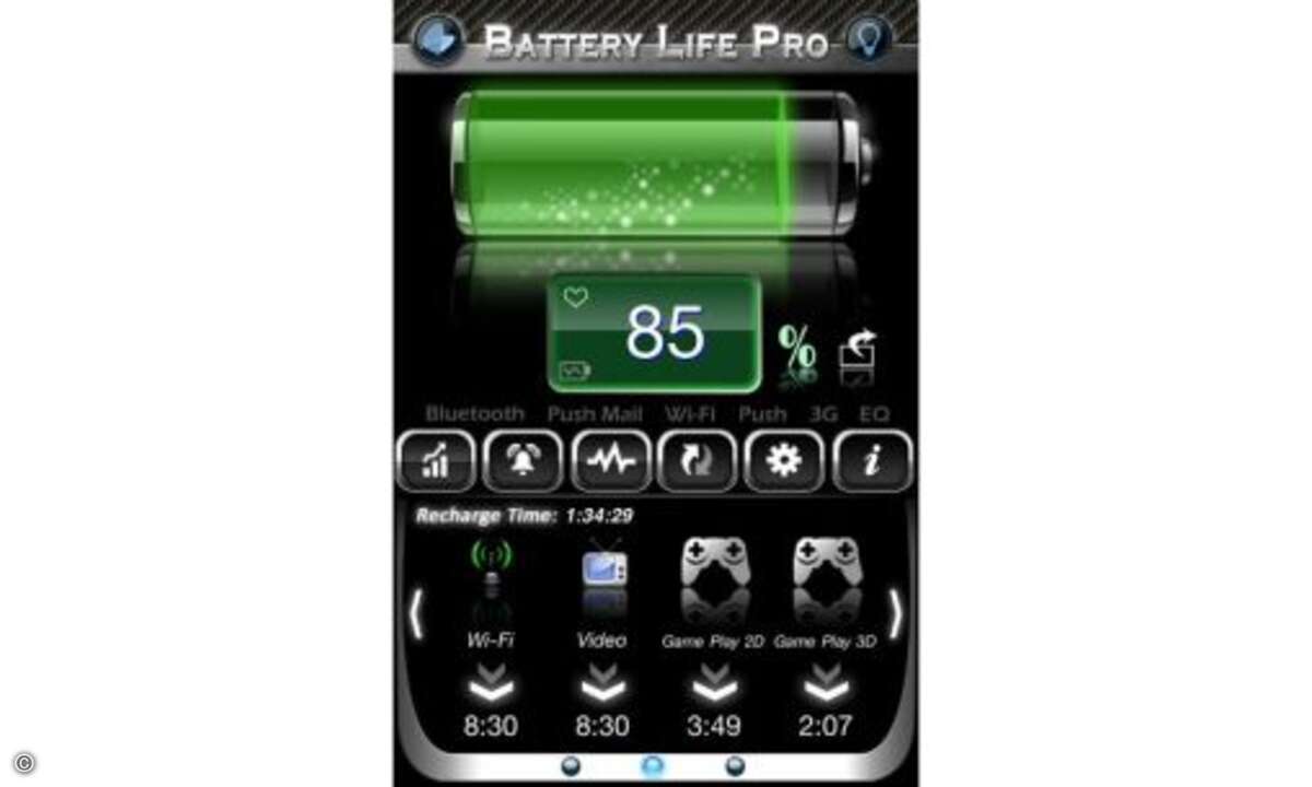 Battery Life Pro
Eigentlich kann die Akkuausdauer eines Smartphones nie lang genug sein. Youtube-Videos schauen, Musik hören, E-Mails checken – das alles kostet Akkupower. Battery Life Pro ermittelt den Batteriestatus in Prozenten und listet aktiv