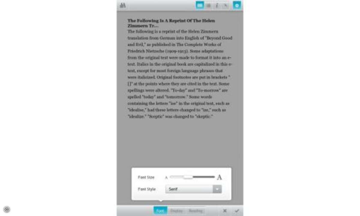 Kobo – Kategorie Bücher / Playbook

Eine glatte Eins verdienen auch die Einstellungen für Textgröße, Displayhelligkeit oderNachtmodus.
© RIM