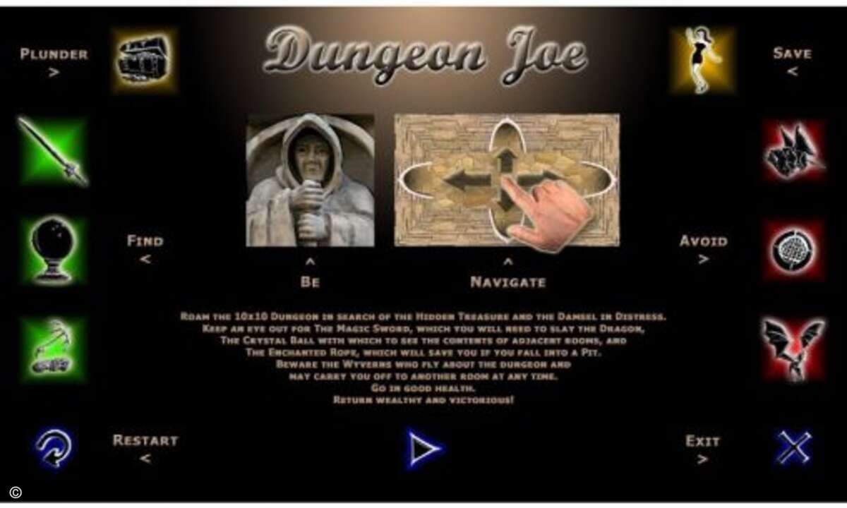 Dungeon Joe

Ein Durchschnittsbürger heißt in Amerika „Average Joe“, also schlüpft man bei Dungeon Joe in die Rolle eines durchschnittlichen Schatzsuchers, der in einem labyrithähnlichen Kerker versteckte Schätze aufspüren muss. Das tut Joe viellei
