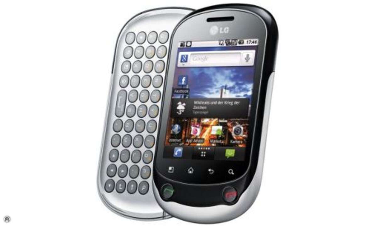 LG Optimus ME
Die für Smartphone-Einsteiger gedachten Mobiltelefone LG P350 Optimus ME und C550 Optimus Chat sind mit dem nicht mehr ganz aktuellen Android 2.2 ausgestattet. Sie verfügen über ein kompaktes 7,1 Zentimeter großes Display, das mit 24