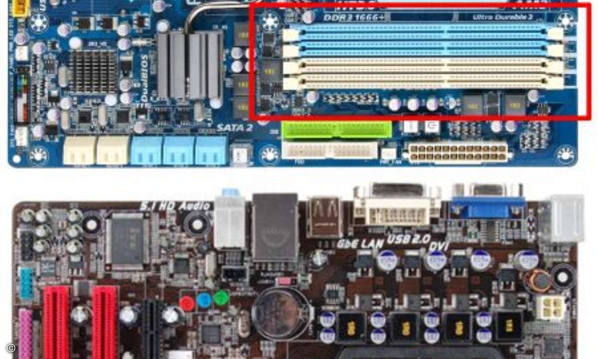 Vorhandenen Speicher und Ausbaumöglichkeiten sicher identifizieren (nicht jedes Mainboard bietet die gleiche Zahl RAM-Steckplätze, wie das Bild zeigt)

Um den vorhandenen Speicher Ihres Rechners zu identifizieren, installieren Sie den 