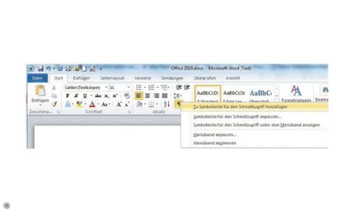 Mit gerade mal nur zwei Mausklicks integrieren Sie im Handumdrehen beliebige Funktionen in die Schnellstartleiste.

TIPP 1:

Wer mit Microsoft Office bislang biedere Büro-Software voller umständlicher Menüs und verwirrender Befehlsfolgen assoziie