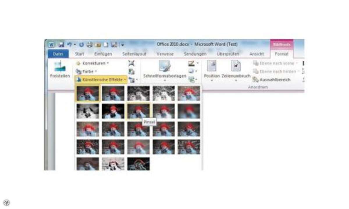 Fotos können Sie nun direkt in Word optimieren oder mit interessanten Effekten verfremden.

TIPP 2: Word - Erweiterte Bildbearbeitung

Word überrascht zudem mit zahlreichen Filtern und Effekten für die Darstellung von Fotos, die selbst den Funkt