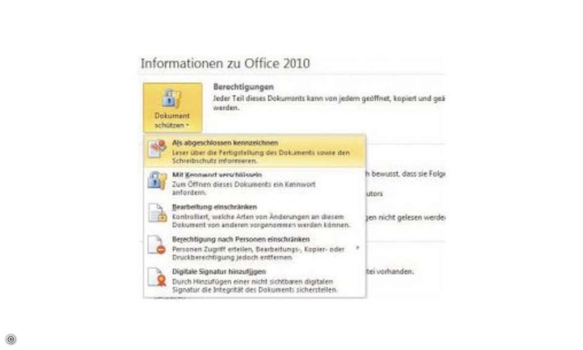 Sie können ab sofort Ihre Dokumente als „final“ kennzeichnen und vor dem versehentlichen Überschreiben schützen.

TIPP 5: Word - schützt Ihre Dokumente

In Office 2007 können Sie Word-Dokumente nur dann als PDF-Datei speichern, wenn Sie ein klei