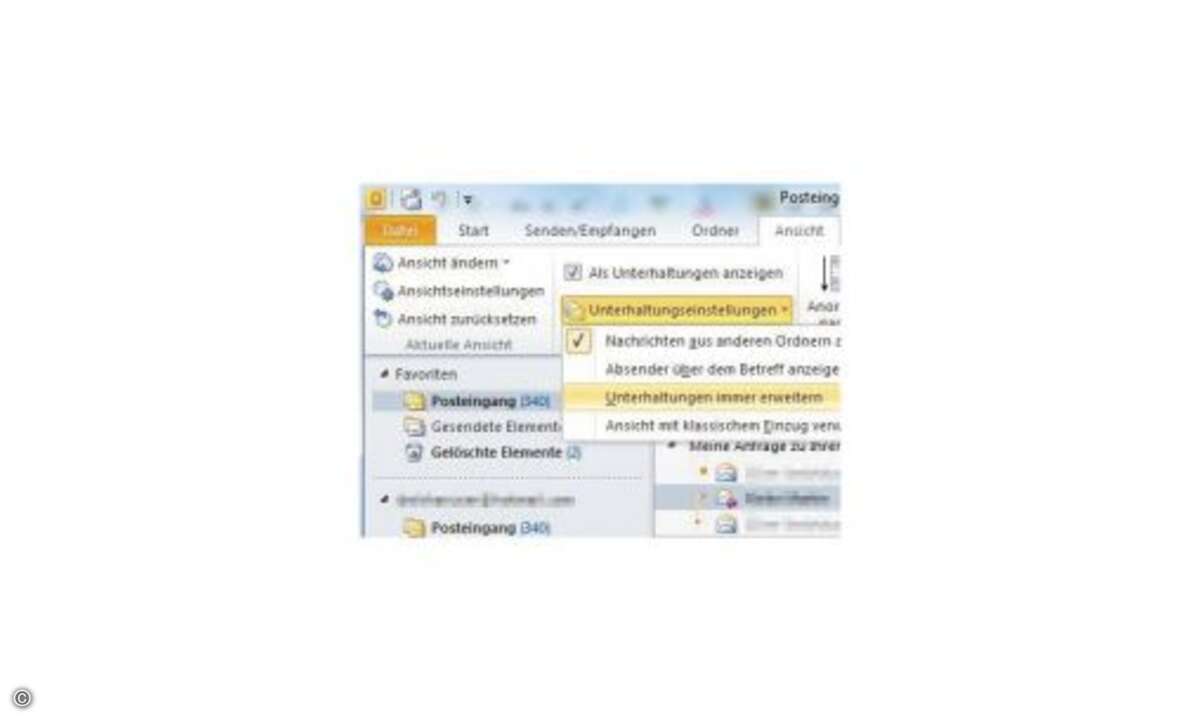 Mithilfe des neuen Unterhaltungsmodus fassen Sie E-Mails zum gleichen Thema komfortabel zusammen.

TIPP 7: Outlook - Wichtige Inhalte finden

Nicht immer ist der Unterhaltungsmodus die beste Wahl, wenn Sie E-Mails zu einem bestimmten Inhalt oder