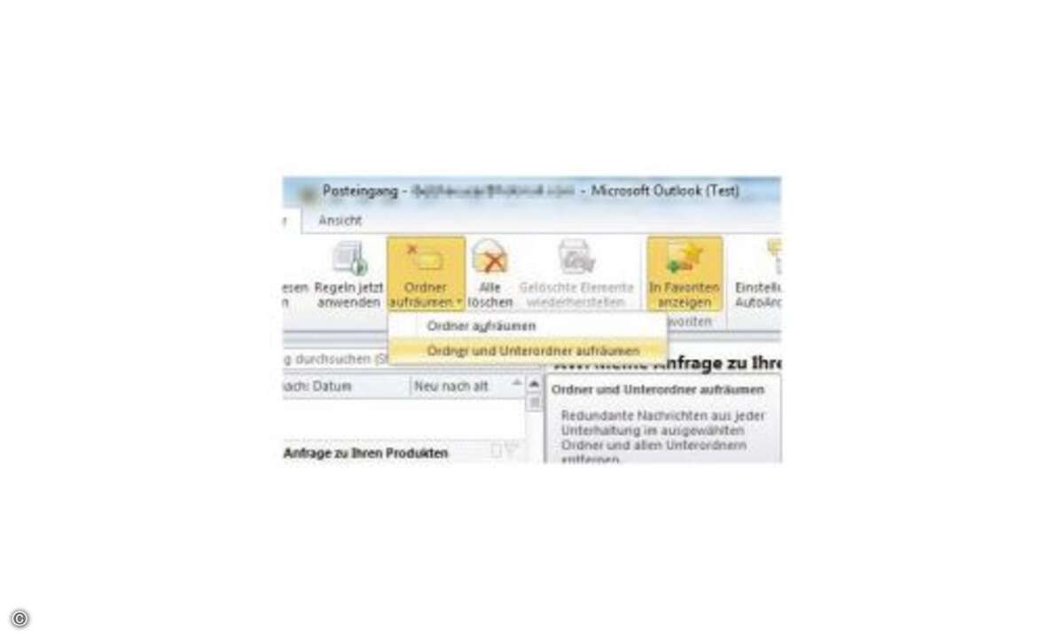Outlook 2010 kommt mit einem automatischen Reinigungsdienst, der redundante E-Mails findet und löscht.

TIPP 8: Outlook - Ordner aufräumen lassen

Das manuelle Ausmisten der Posteingangsordner war bislang lästig und umständlich. Outlook 2010 nimm