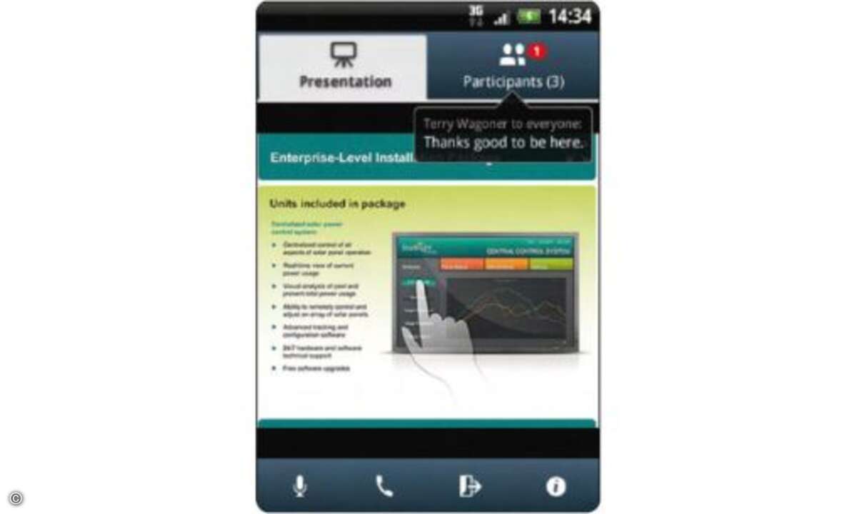 Cisco WebEx

Auch an Webmeetings und Multimedia-Konferenzen können Android-Nutzer nun teilnehmen.

Mit einer weiteren App, die derzeit exklusiv auf dem Samsung Galaxy S II läuft, können sich Android-Nutzer in Ciscos Webkonferenz- und Webmeeting-P