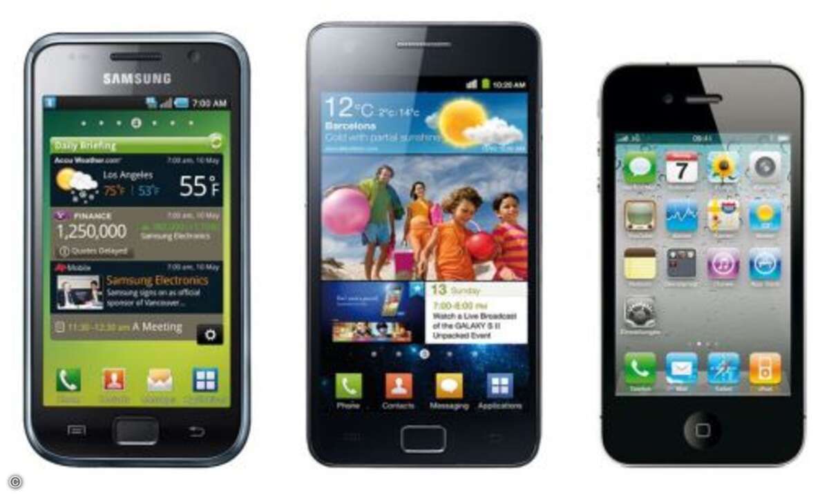 Display
Das Display dürfte auf die Größe von 4 Zoll wachsen, um die Android-Konkurrenz nicht allzu sehr davonziehen zu lassen. Im Bild das iPhone 4 im Vergleich zum Galaxy S (4-Zoll) und Galaxy S2 (4,3 Zoll).
Randlos eingepasst müsste sich dazu