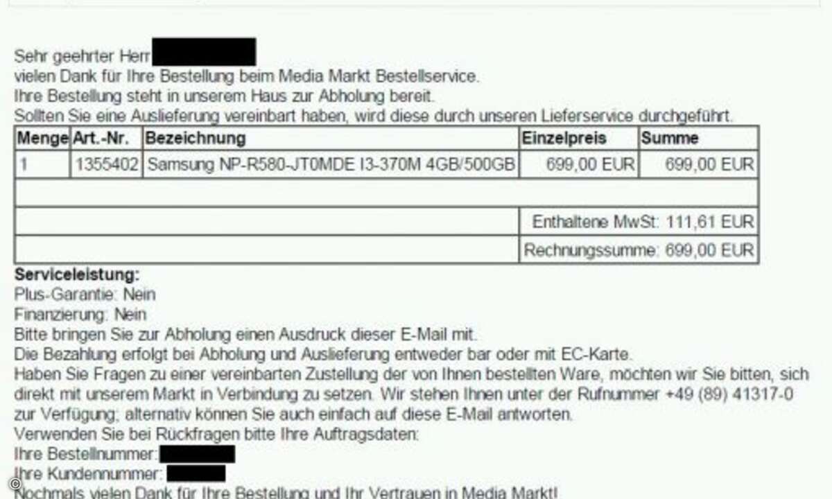 Zwei Wochen später: Der reservierte Artikel steht nun zur Abholung bereit - ein echter Kunde hätte wohl schon längst woanders gekauft