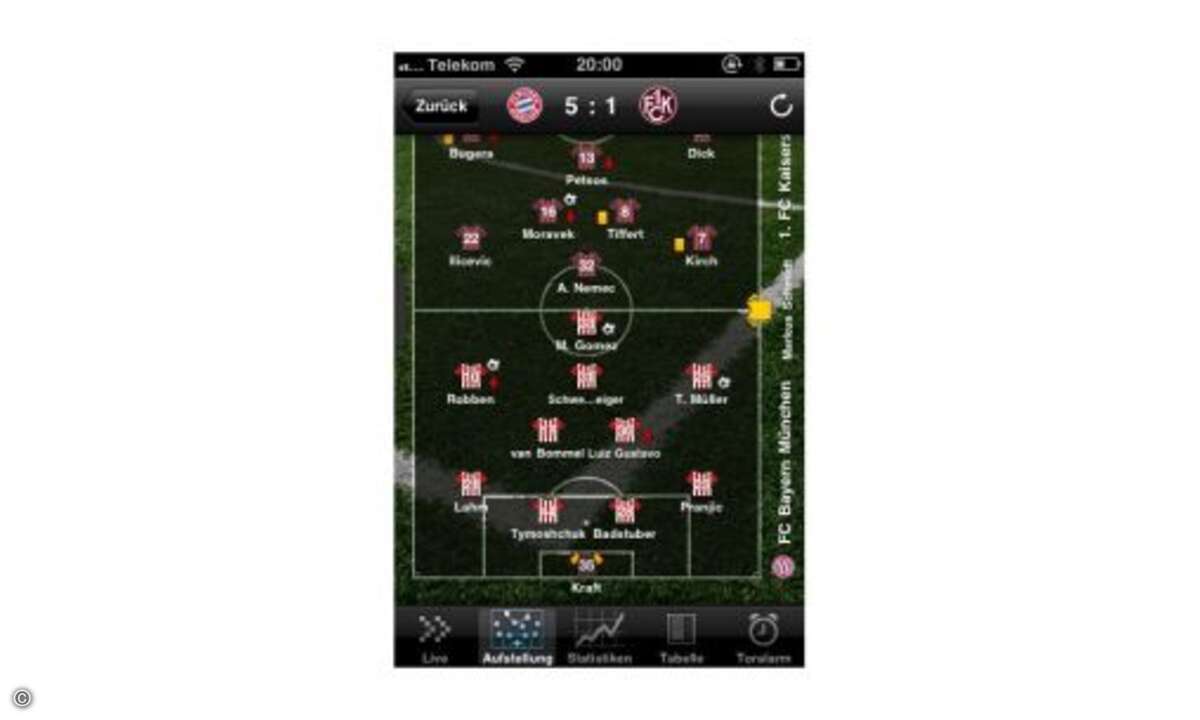 Äußerst übersichtlich präsentiert Sport 1 die Aufstellungen von Fußball-Teams. (Das Bild zeigt die iPhone-Version)