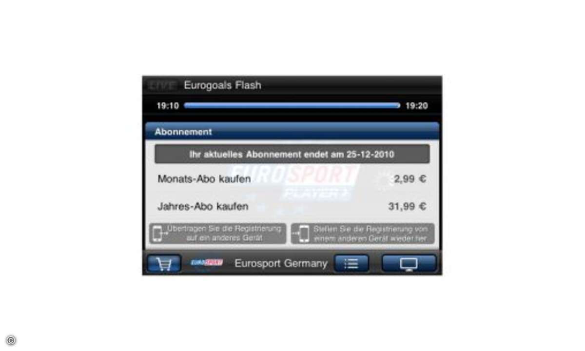 Allerdings erfordert die Eurosport-App ein Abo, das mit wenigen Euro pro Monat zu Buche schlägt. Die App selbst ist kostenfrei. (Das Bild zeigt die iPhone-Version)