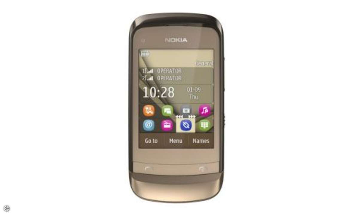 Das C2-06, das Toppmodell der C2-Reihe, ist schickes und doch günstiges Slider-Handy mit Dual-SIM-Funktion. Die Ausstattung ist übersichtlich, auch hier fehlt UMTS oder WLAN, allerdings ist Nokias Kartenanwendung samt Kartenmaterial vorinstalliert. B