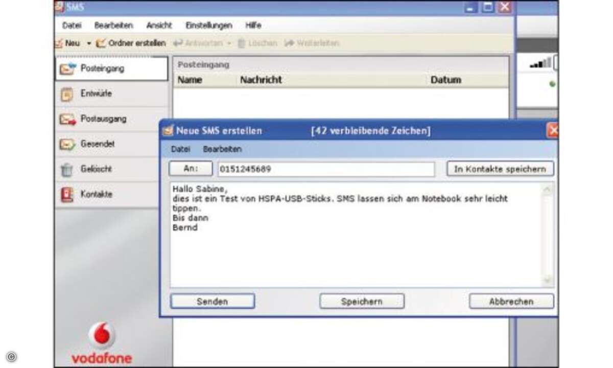 SMS lassen sich, wie hier über das Vodafone-Dashboard, auch per Daten-Stick versenden.