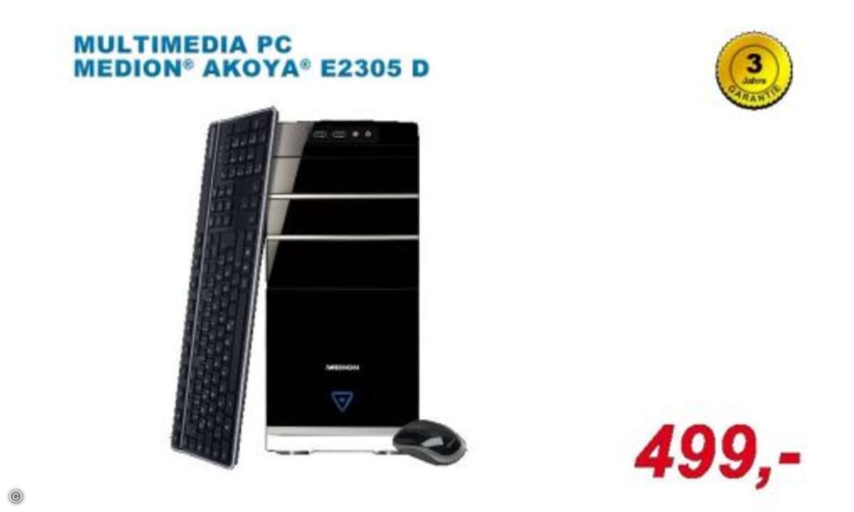 Der Medion Akoya E2305 D ist ein gut ausgestatteter Multimedia-PC mit 1 TByte großer Festplatte, Intel Core i3-2100-Prozessor mit 3,1 GHz Taktfrequenz und 4 GByte DDR3-SDRAM. Für die Grafik sorgt eine AMD Radeon HD 6670 mit 1024 MByte DDR5-Speicher s