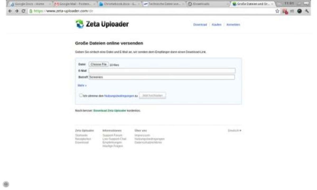 Da das Speichern auf Datenträgern wie USB-Sticks nicht klappt, muss man sich mit Cloud-Diensten wie dem Zeta Uploader abhelfen.