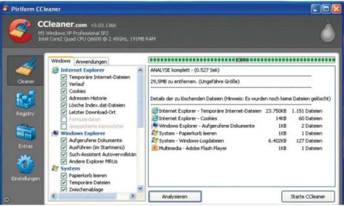 CCleaner unterstützt Sie beim Entschlacken und beseitigt Dateischrott mit wenigen Mausklicks in einem Rutsch von der Festplatte.