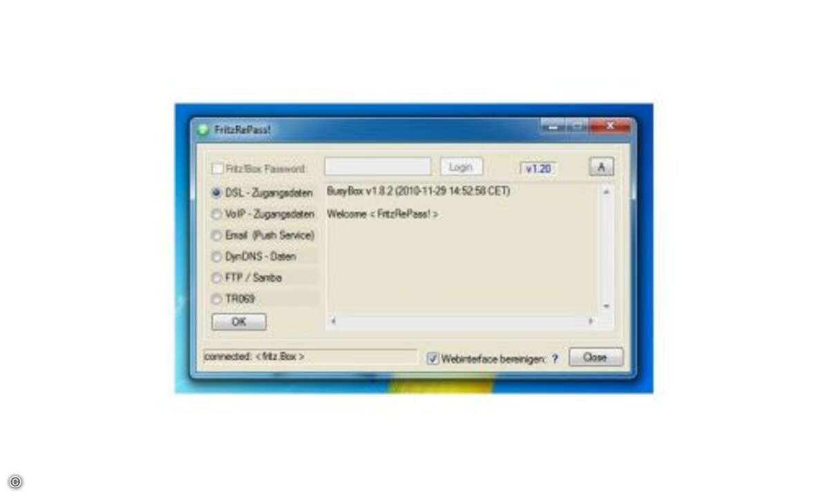 Vergessliche Naturen sollten Fritz Repass immer auf der Festplatte haben. Das Programm liest in der Fritzbox gespeicherte Zugangsdaten für den DSL-Zugang, die VoIP-Telefonnummern, Push-E-Mails, DynDNS, FTP und Netzwerkfreigaben aus und zeigt sie auf