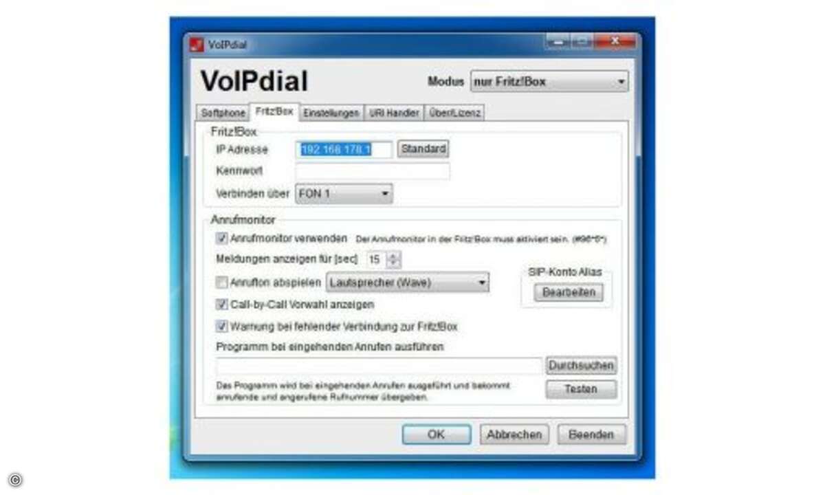 Mit dem für den privaten Gebrauch kostenlosen Programm Voipdial wird der PC zum verlängerten Arm der Fritzbox. Dank des Programmes können Sie Telefonnummern in beliebigen Windows-Programmen (zum Beispiel in E-Mails oder Webseiten) markieren und zum W