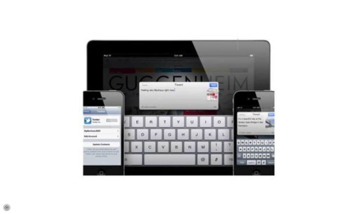 In iOS 5 ist der Nachrichten-Dienst Twitter nun tief ins System integriert. So lassen sich direkt aus dem Kamera oder der Fotogalerie Bilder mit einem kurzen Text versehen als Twitter-Meldung veröffentlichen. Direkt aus dem Browser lassen sich Online