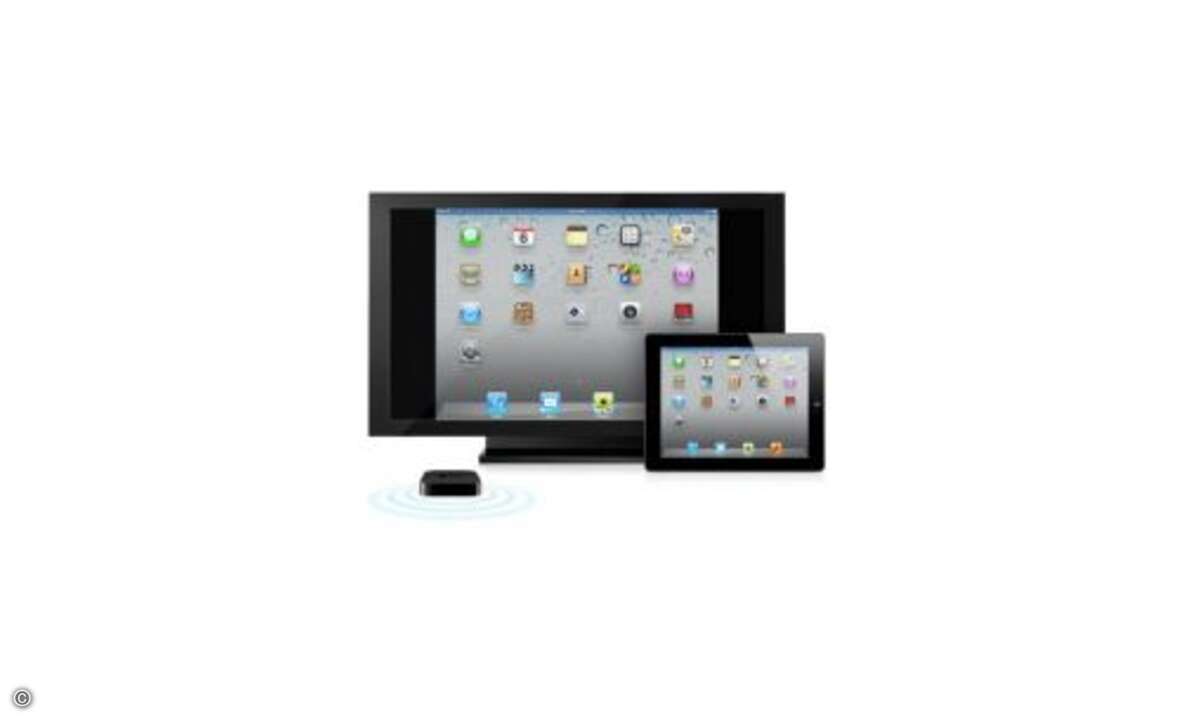 Wer zu Hause Apple TV nutzt, kann die Displayinhalte seines iPad 2 direkt und kabellos auf dem Fernseher anzeigen lassen. Funktioniert allerdings nur auf dem iPad 2.
© Apple