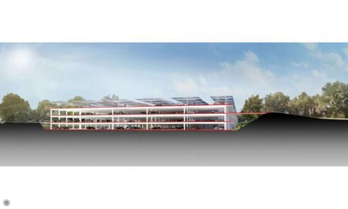 Vom Hauptgebäude aus wird das Parkhaus kaum zu sehen sein, da ein Erdwall die Sicht versperrt. An der anderen Längsseite verläuft der Highway.
© Apple/Cupertino.org/Foster + Partners