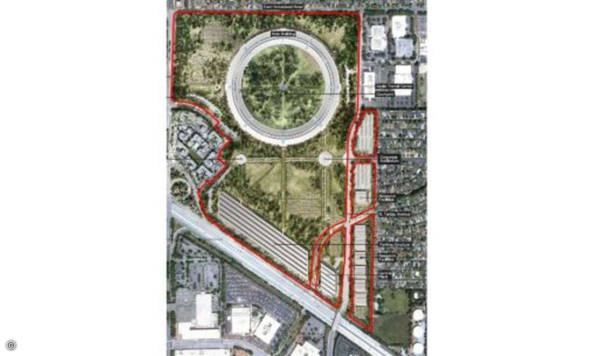 Die geplante Bebauung des Geländes ist ein massiver Eingriff in das bestehende Straßen- und Wegenetz. Das Gelände wird später durch einen Sicherheitszaun abgeschirmt.
© Apple/Cupertino.org/Foster + Partners