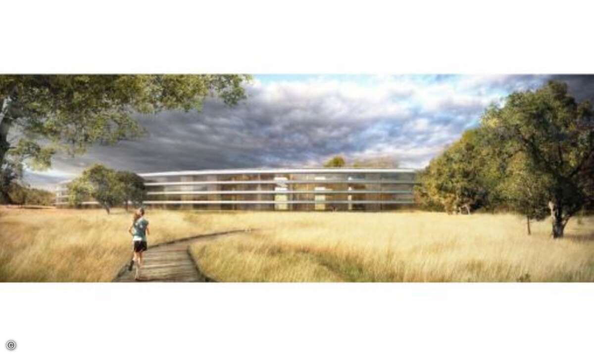 Eine romantische Vorstellung - das Firmengelände inmitten einer künstlichen Landschaft mit Baumgruppen, naturbelassenen Wiesen und viel Erholungsraum für die Mitarbeiter.
© Apple/Cupertino.org/Foster + Partners