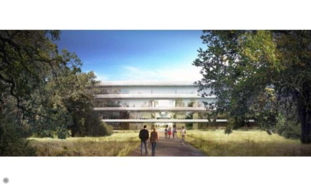 Die Architektur des Apple Campus 2 sieht viel Glas an den Gebäudeflächen vor. Kein Glasstück soll dem anderen ähneln. Durch die hellen Räume soll viel Strom für künstliche Beleuchtung gespart werden.
© Apple/Cupertino.org/Foster + Partners
