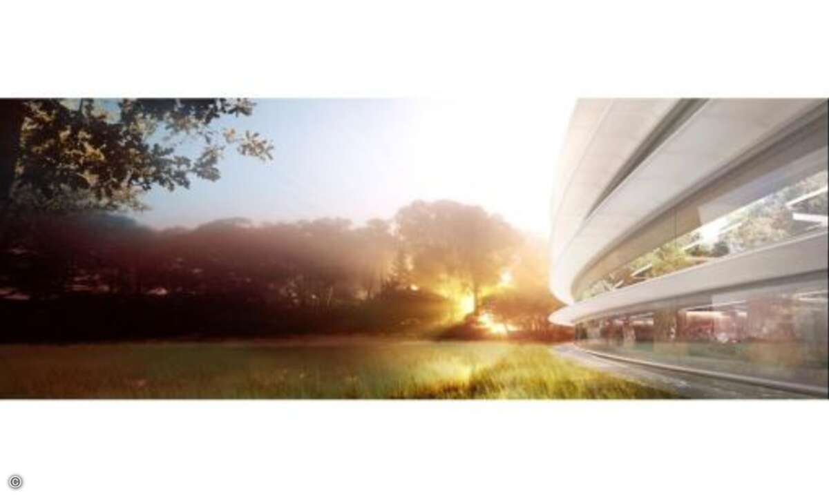 Die Lamellenstrukturen werden das Sonnenlicht zerstreuen und eine direkte Einstrahlung verhindern, die das Gebäude unnötig aufheizen würde.
© Apple/Cupertino.org/Foster + Partners