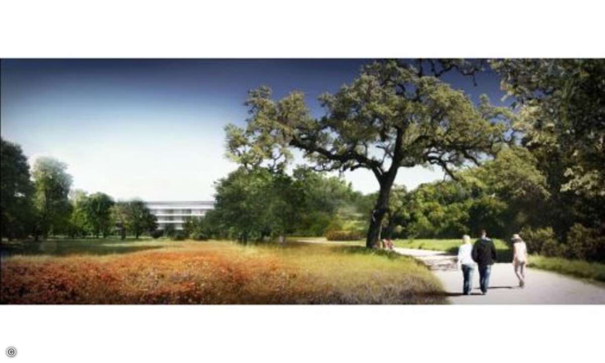 Durch die üppige Bepflanzung wird das Gebäude aus Fußgängerperspektive kaum noch zu sehen sein.
© Apple/Cupertino.org/Foster + Partners