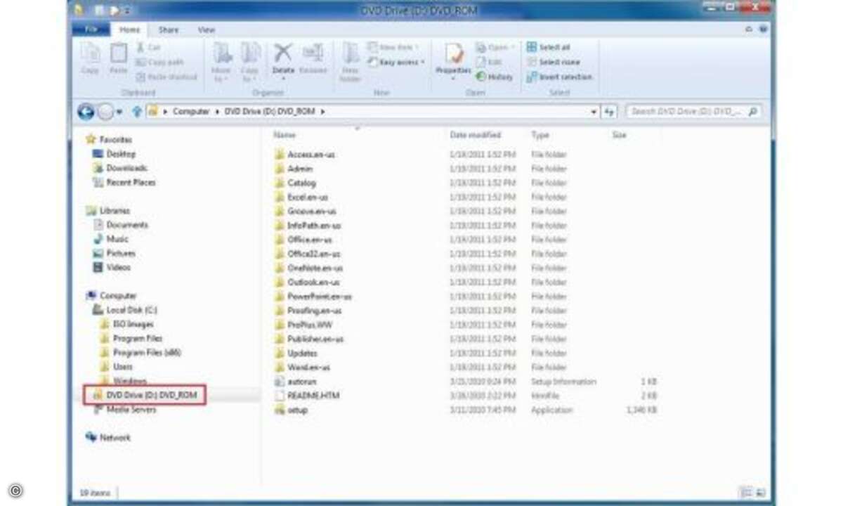 ISO-Datei im DVD-Laufwerk
Das ISO-Abbild liegt virtuell im DVD-Laufwerk und kann gelesen und bearbeitet werden.
© microsoft
