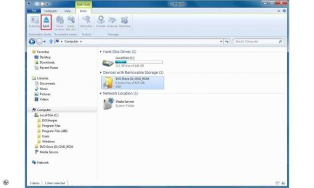 ISO-Datei aushängen
Über den Eject-Button wird das ISO-Image wieder ausgehängt, also aus dem virtuellen Laufwerk entfernt.
© microsoft