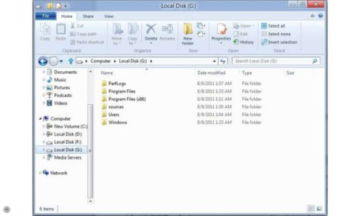 Virtual Hard Disk eingehängt
Auch VHD kann Windows 8 per Explorer öffnen, allerdings nicht in ein virtuelles Laufwerk eingelegt, sondern als virtuelle Festplatte eingehängt, wie im Beispiel als Laufwerk G.
© microsoft